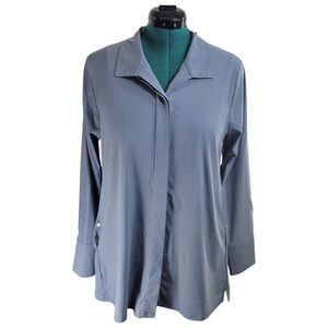 MarlaWynne‎ Shirt Women's Sz L Blue Button-Up Collared Stretch Tunic Pockets